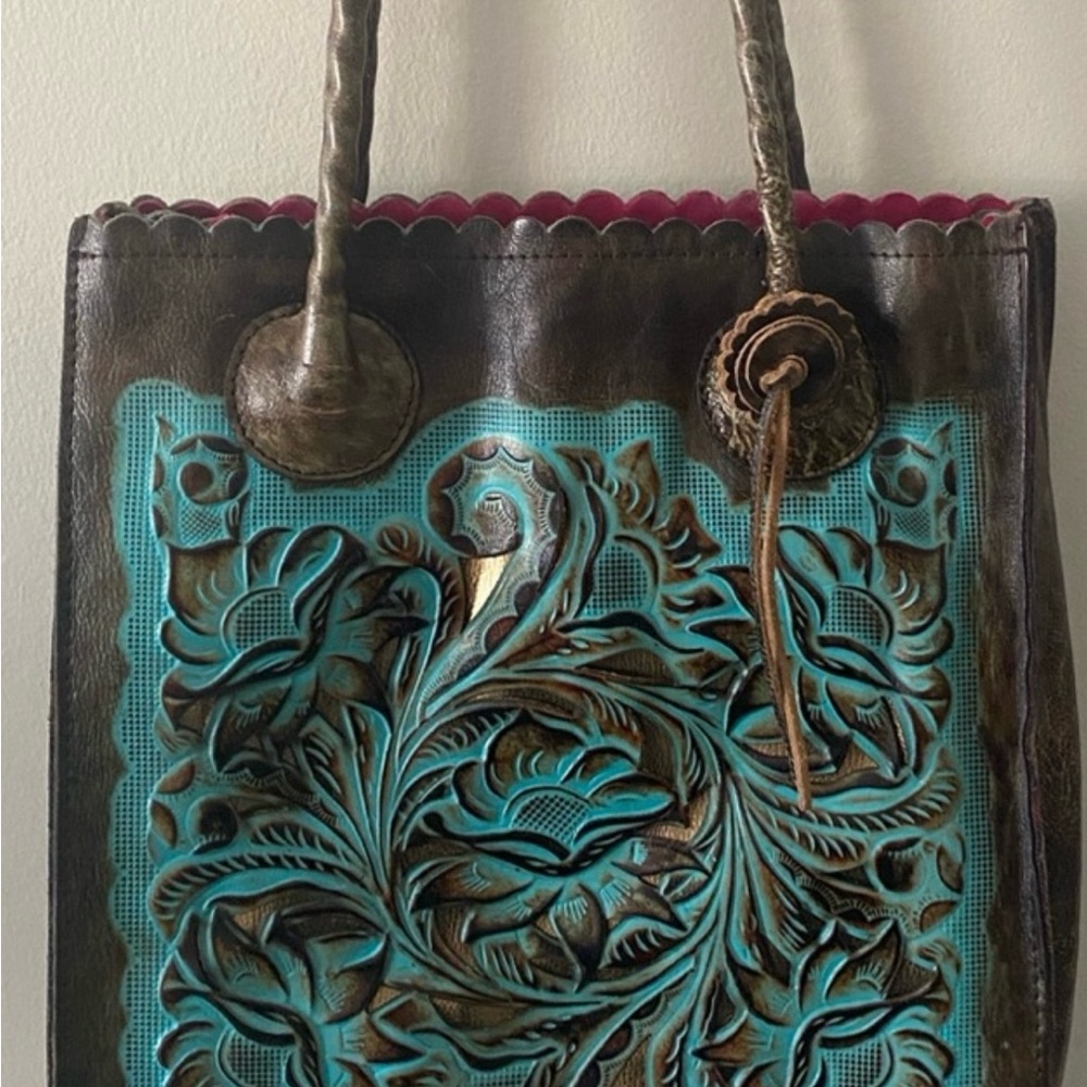 Handcrafted Floral Embossed Tote Bag - Brown and Turquoise